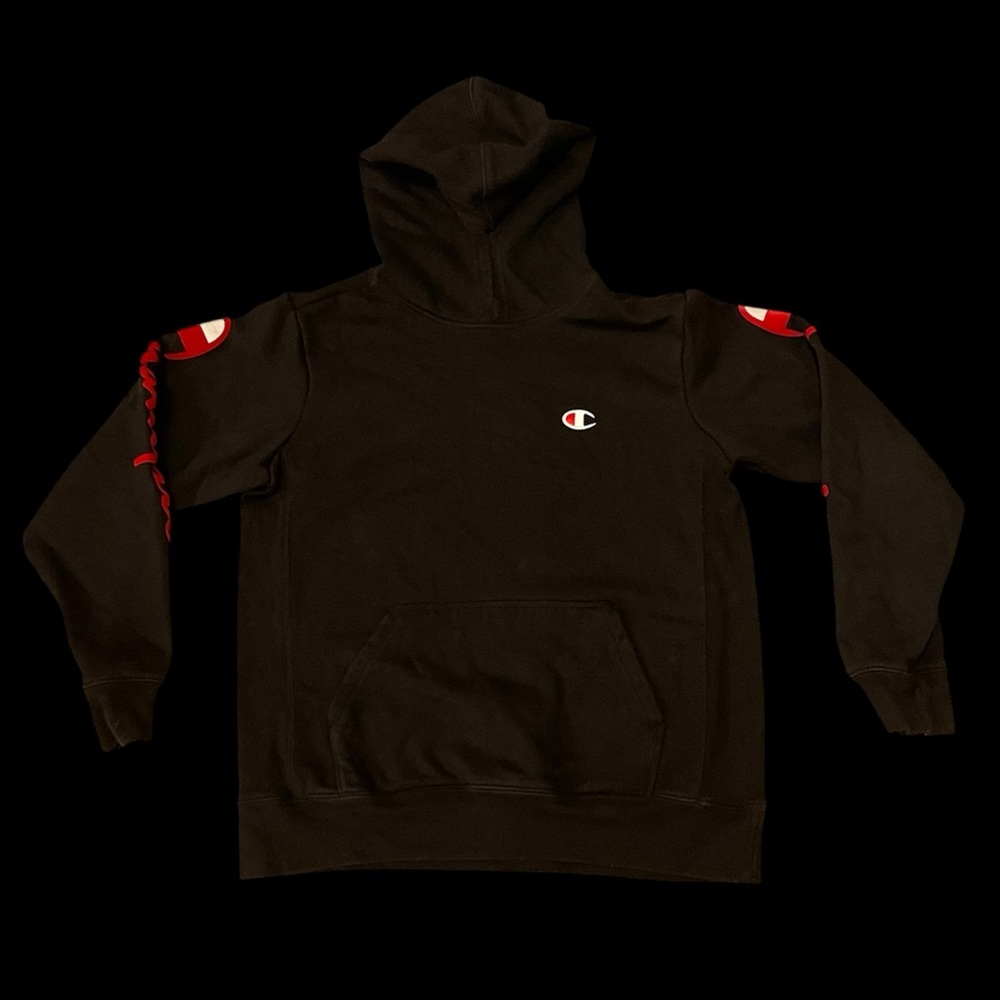 ⚫️ CHAMPION SLEEVE GRAPHIC LOGO BLACK LONG SLEEVE HOODIE - SIZE LARGE ⚫️